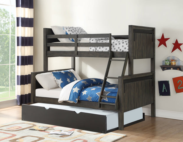 Donco Kids Twin/Full Bunk Bed in City Shadow Finish with Twin Trundle Bed in Low Sheen Black Finish