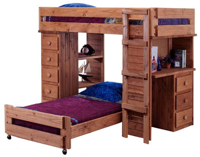 Chelsea Home Furniture Twin Over Twin Student Loft Bed with Desk and Chest Ends